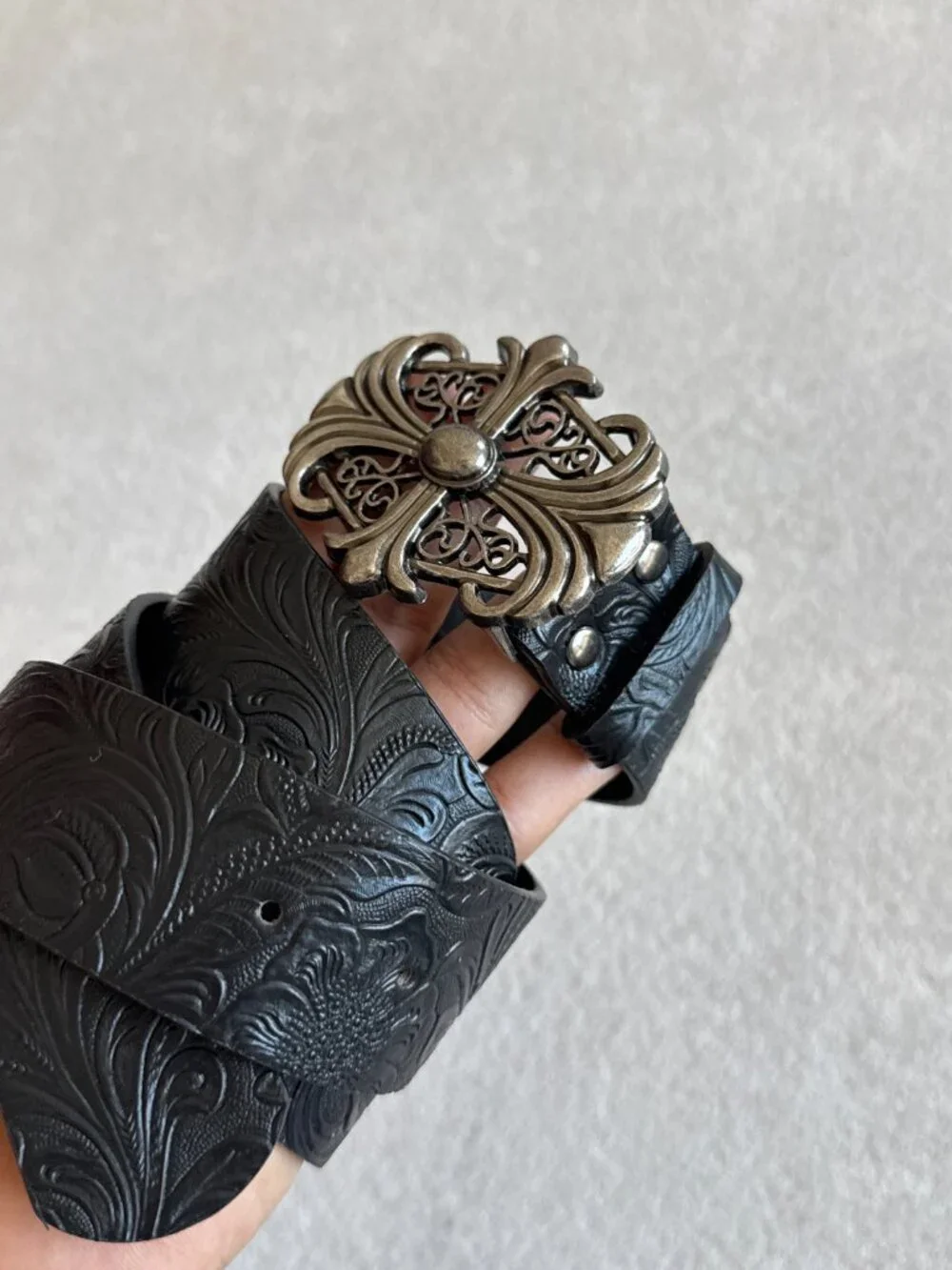 Black Floral Embossed Filigree Belt